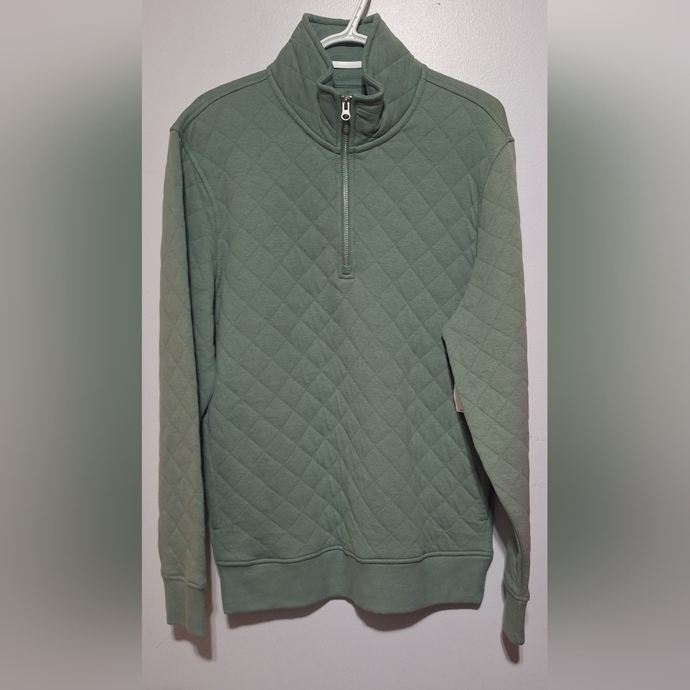 Sm Men's Green Quilted Half-Zip Sweater